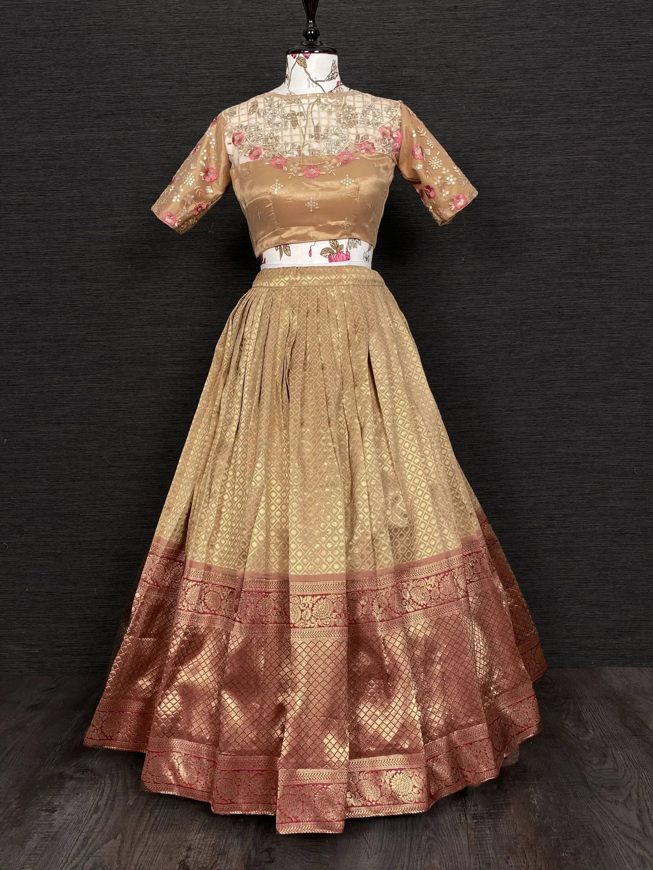 Golden embroidered lehenga choli with floral blouse and pleated skirt, Indian ethnic wear