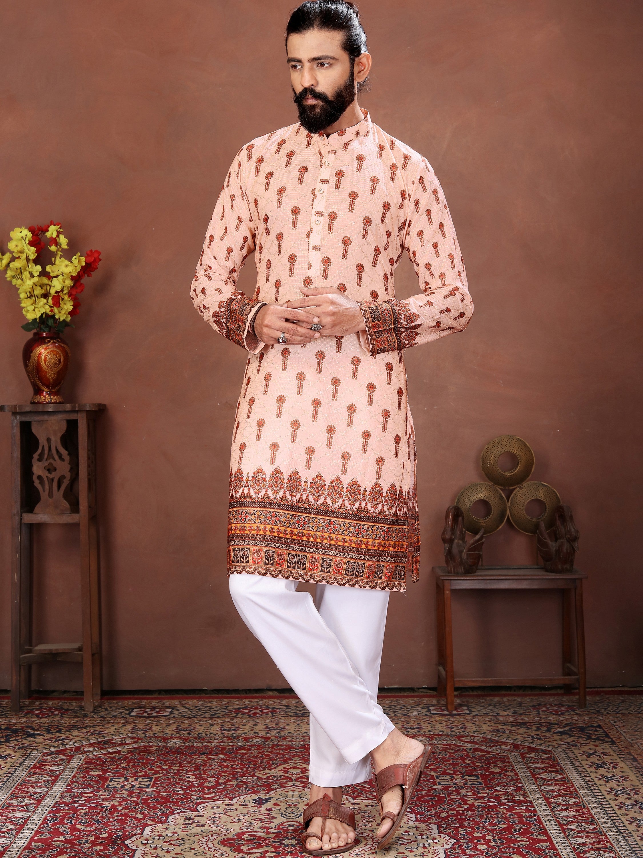 Adorning Peach Digital Printed Cotton Function Wear Men’s Kurta