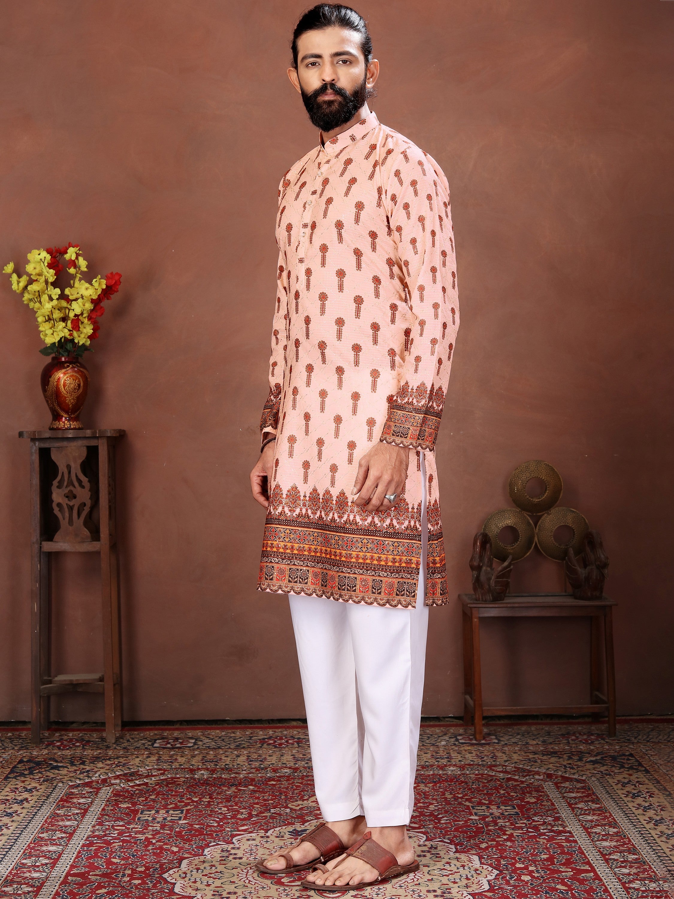 Adorning Peach Digital Printed Cotton Function Wear Men’s Kurta