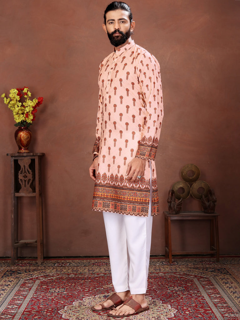 Adorning Peach Digital Printed Cotton Function Wear Men’s Kurta