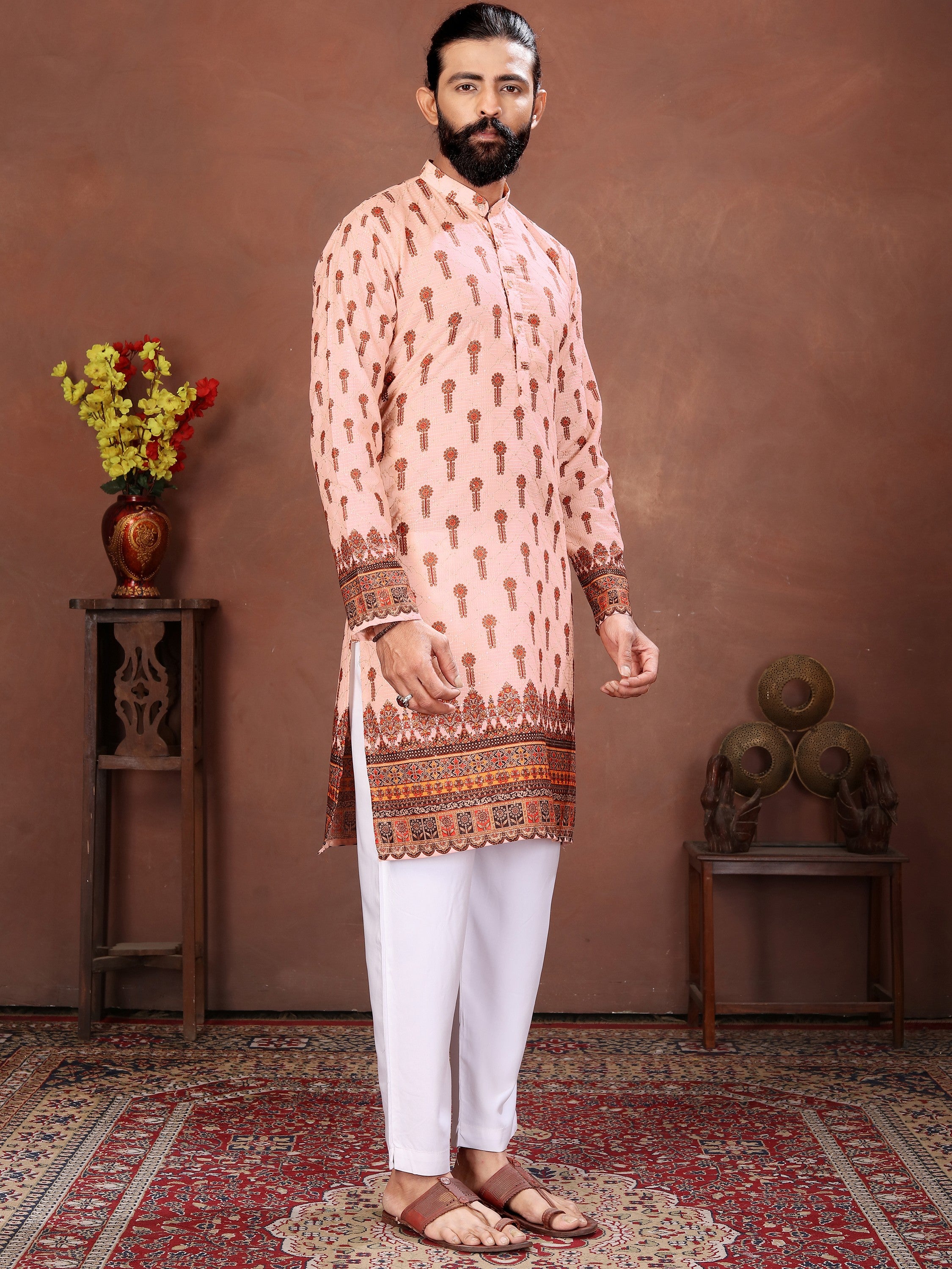 Adorning Peach Digital Printed Cotton Function Wear Men’s Kurta