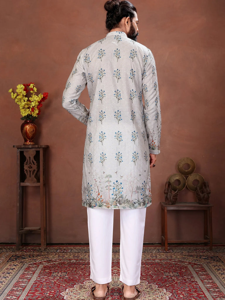 Artistic Grey Digital Printed Cotton Wedding Wear Men’s Kurta