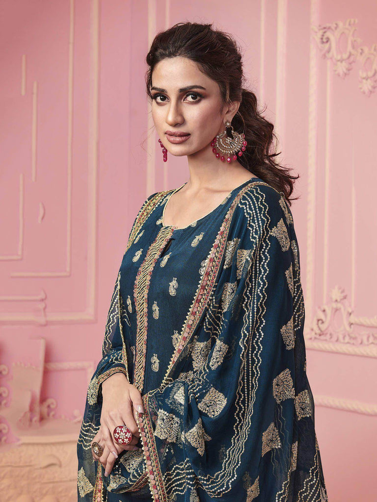 Navy Blue Hand Work Georgette Festive Wear Pant Salwar Suit