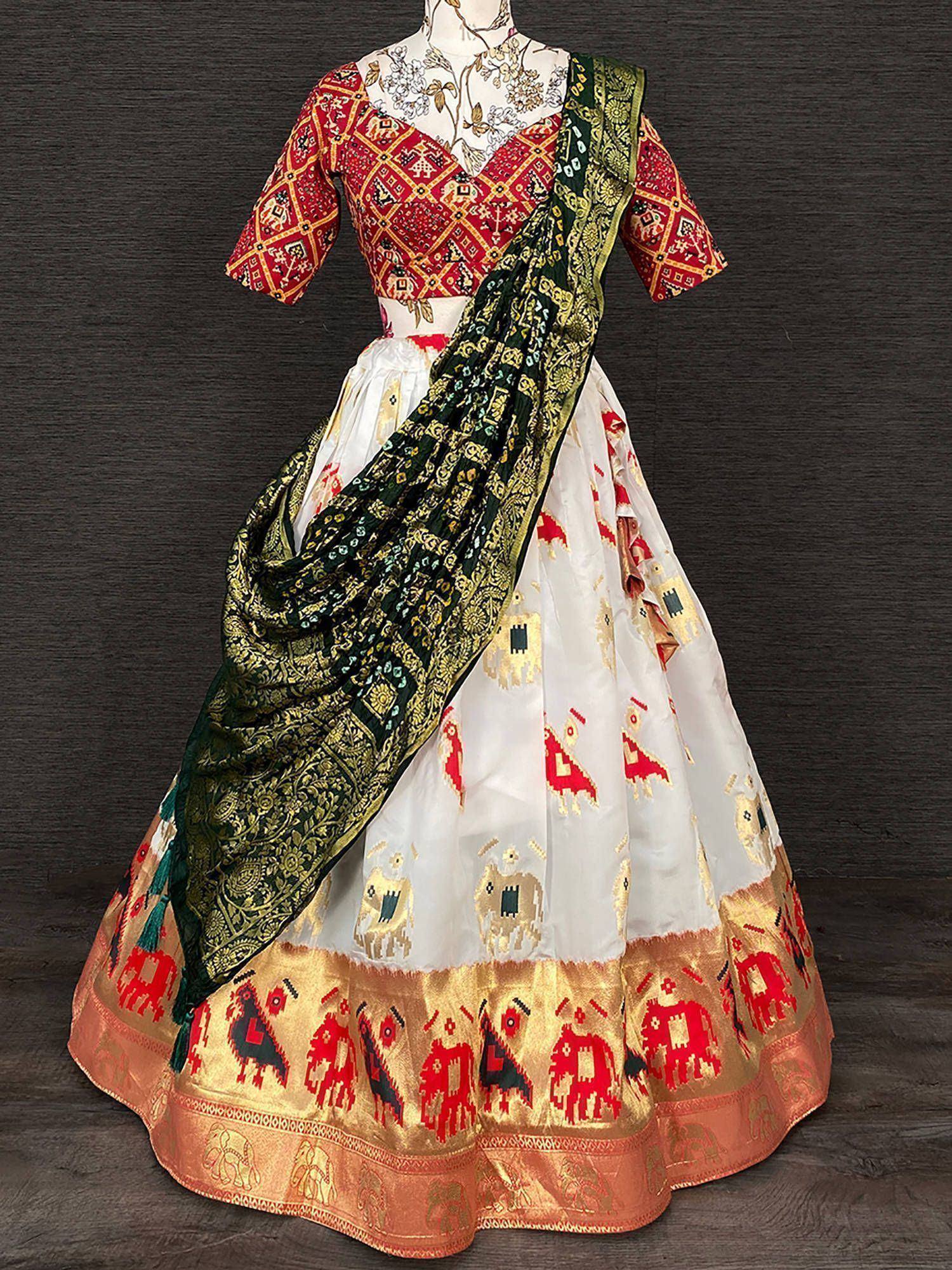 White lehenga with red elephant print, red blouse, and green gold dupatta, Indian ethnic wear