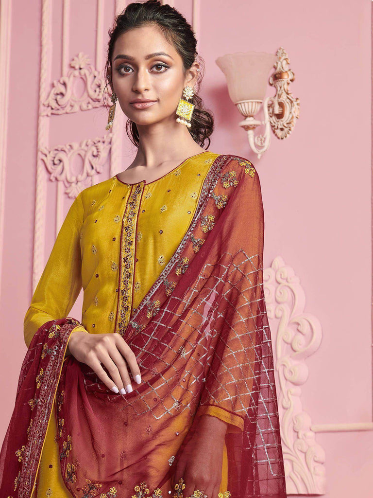 Mustard Yellow Hand Work Georgette Festive Wear Pant Salwar Suit