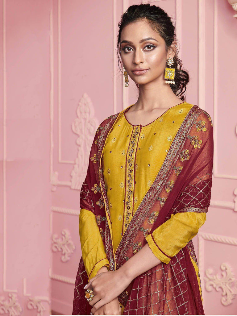 Mustard Yellow Hand Work Georgette Festive Wear Pant Salwar Suit