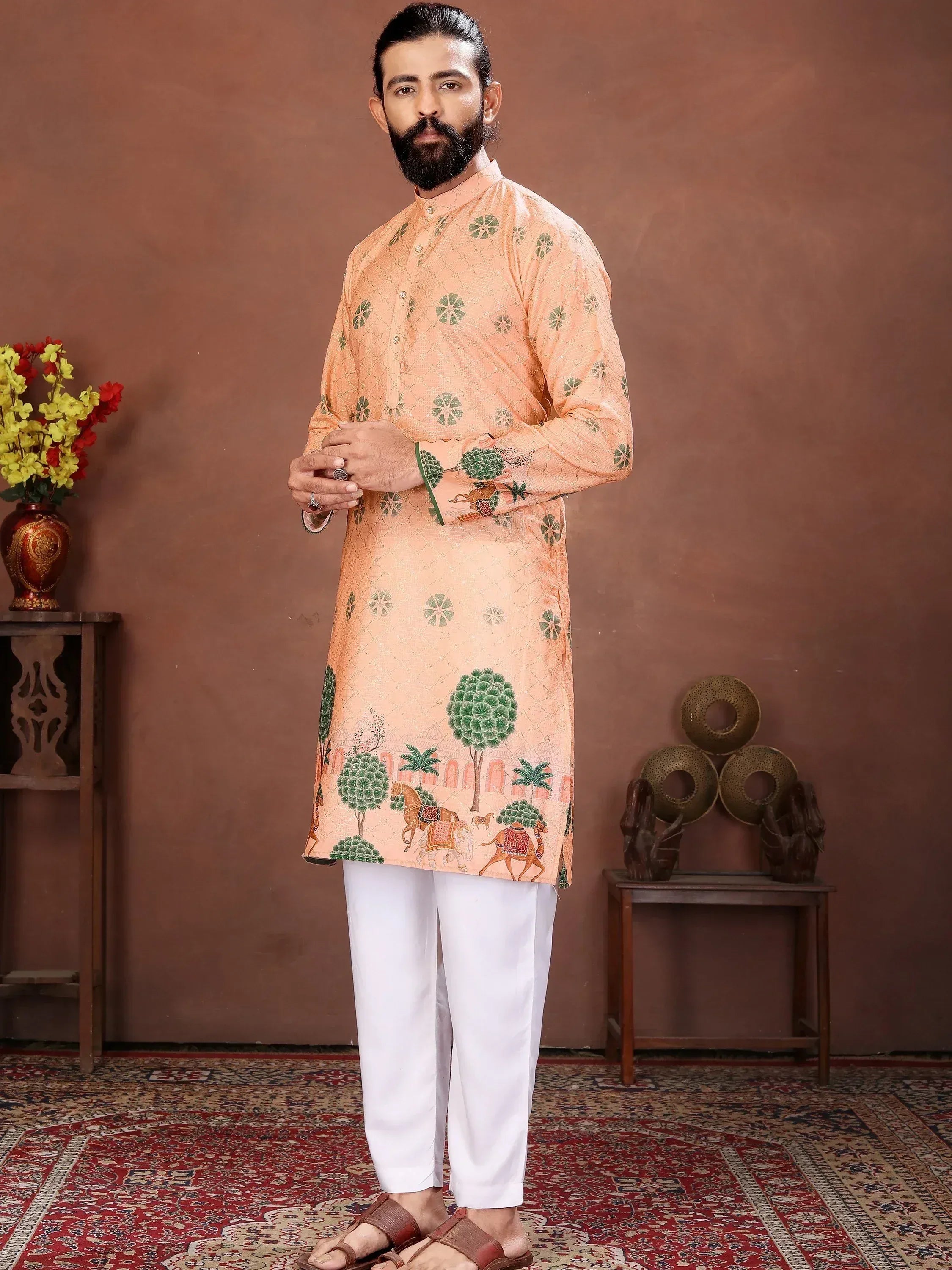 Alluring Peach Digital Printed Cotton Function Wear Men’s Kurta