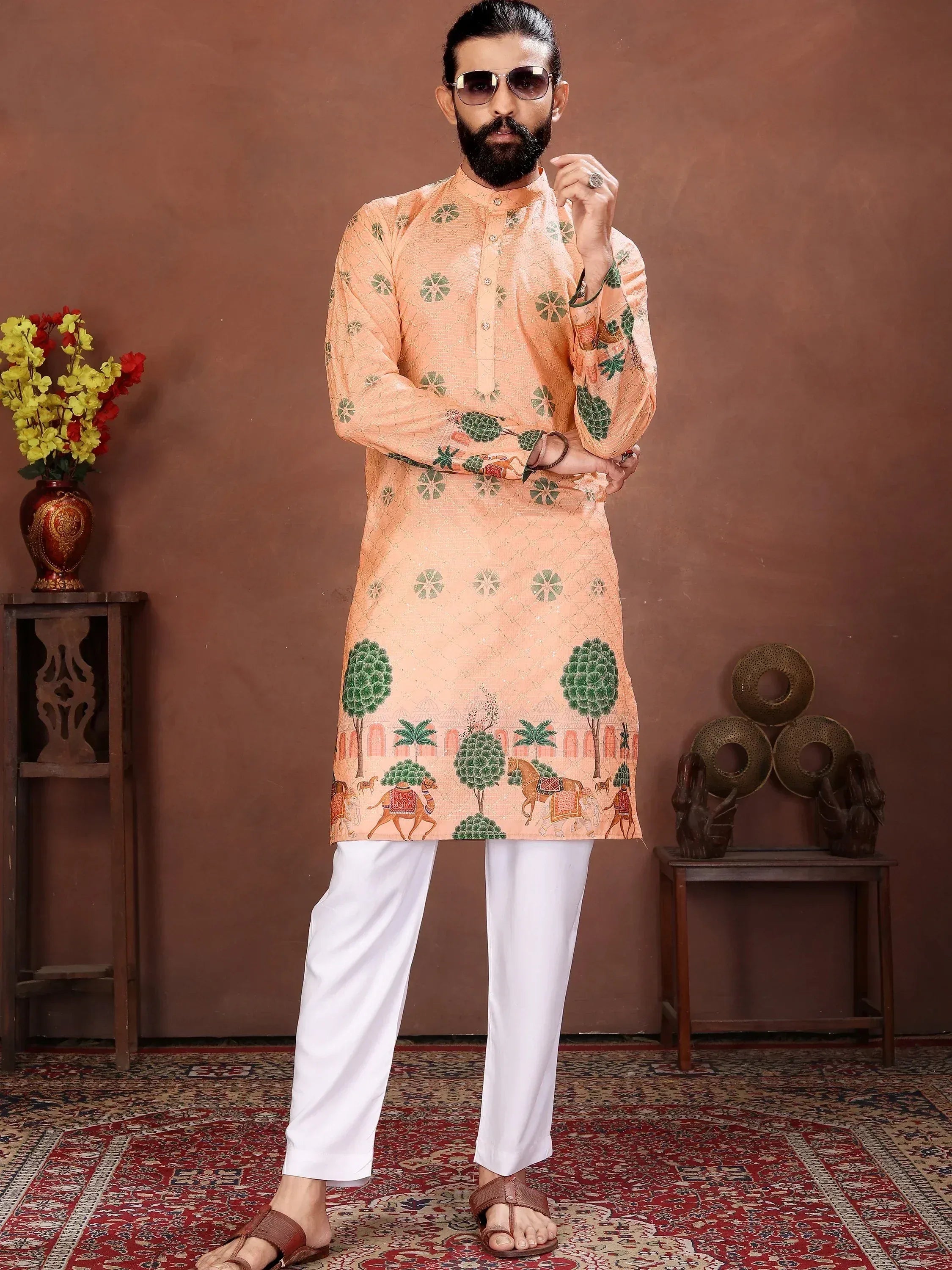 Alluring Peach Digital Printed Cotton Function Wear Men’s Kurta