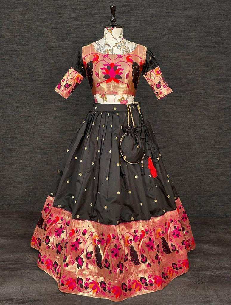 Gleaming Black Paithani Zari Weaving Onam Festival Half Saree Lehenga
