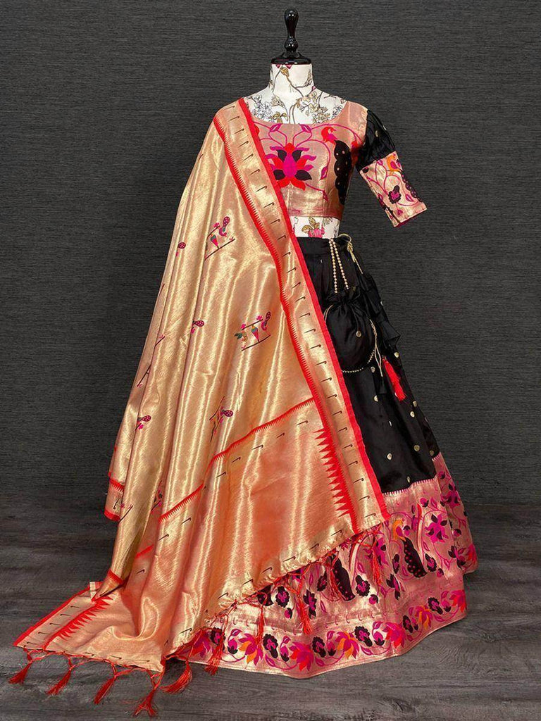 Gleaming Black Paithani Zari Weaving Onam Festival Half Saree Lehenga