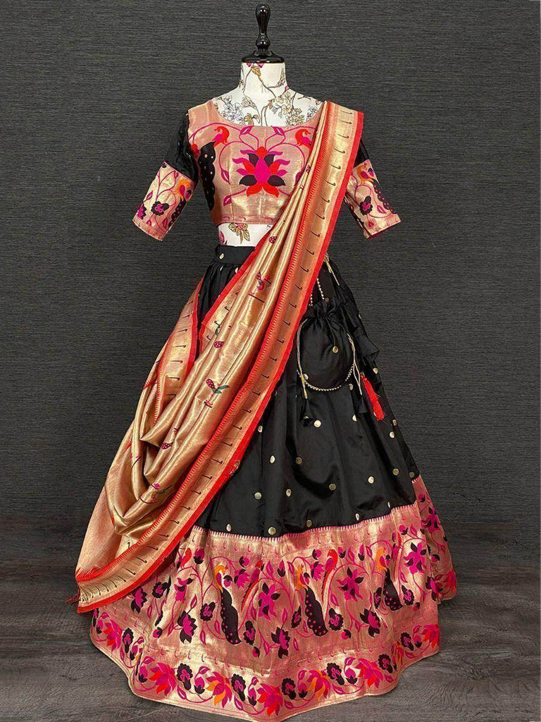 Gleaming Black Paithani Zari Weaving Onam Festival Half Saree Lehenga