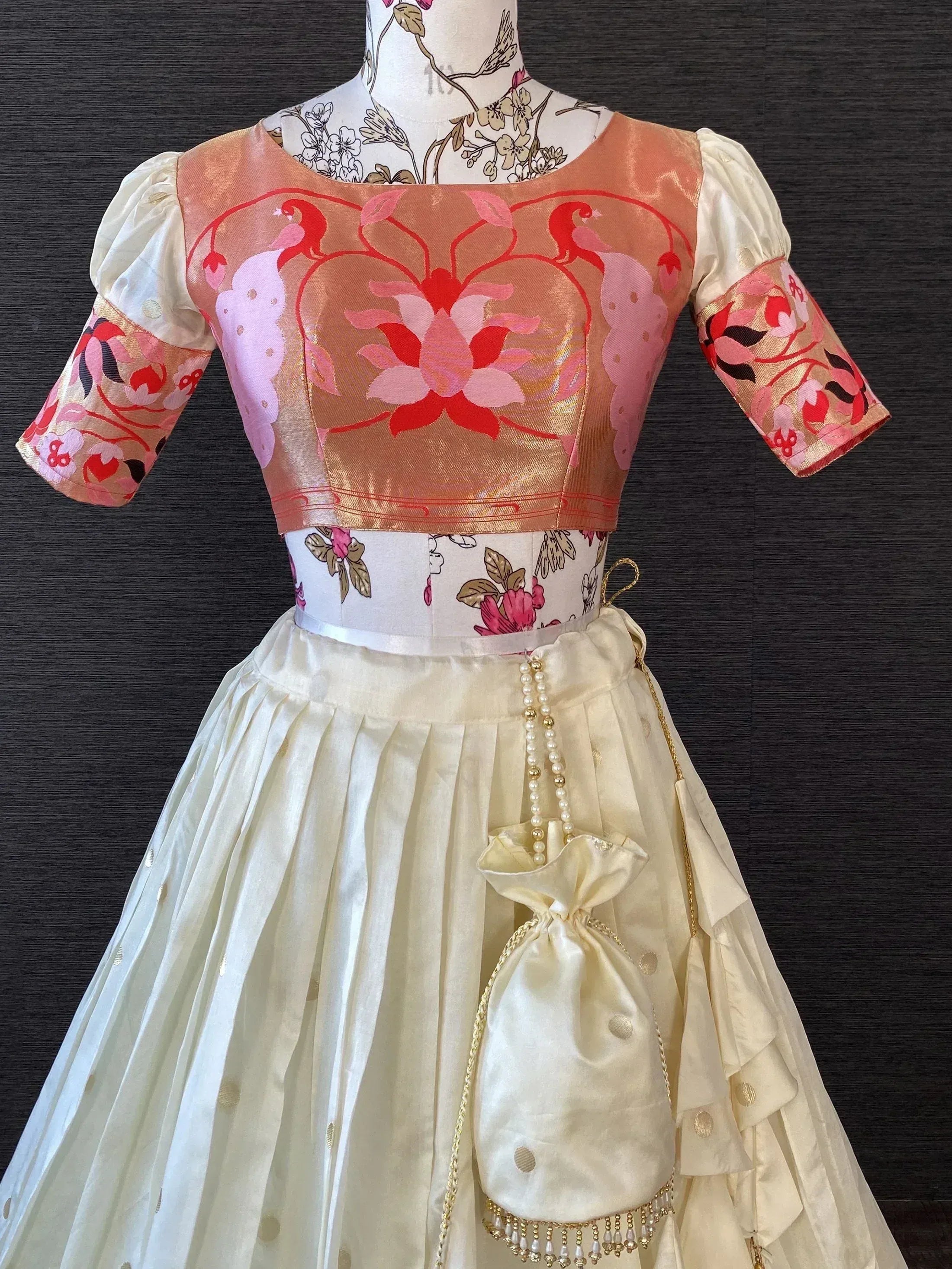 Pink floral printed blouse with cream pleated skirt, ethnic wear for women, designer lehenga choli set