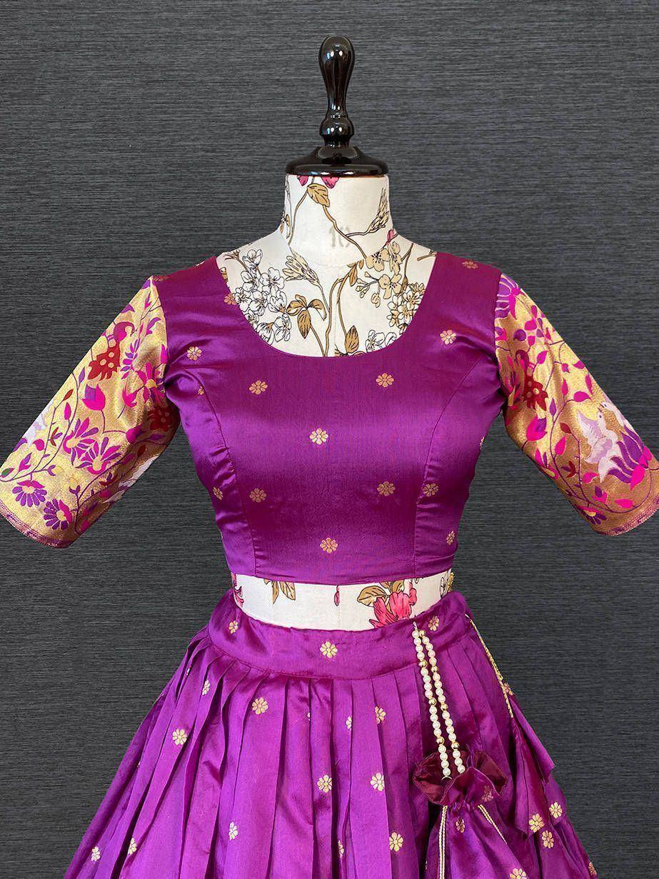 Purple floral lehenga choli with gold embroidery and printed sleeves, ethnic Indian wear