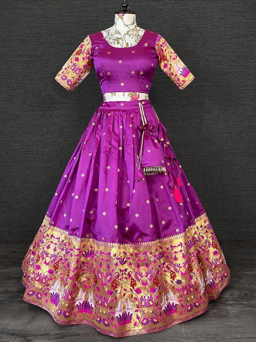 Purple designer lehenga choli with gold floral border, perfect for Indian ethnic wear occasions