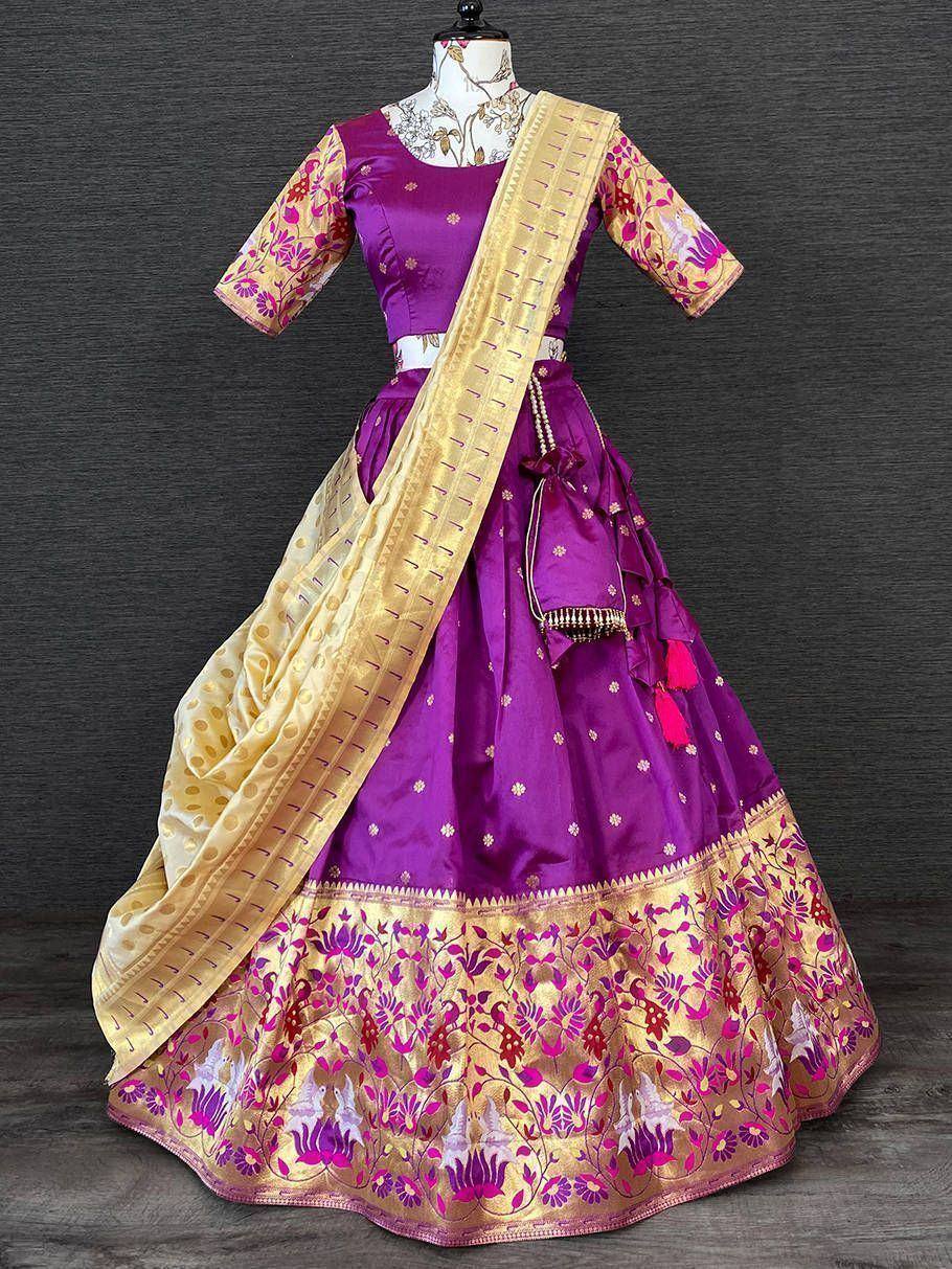 Purple designer lehenga choli with gold floral border and matching dupatta, ethnic Indian wear