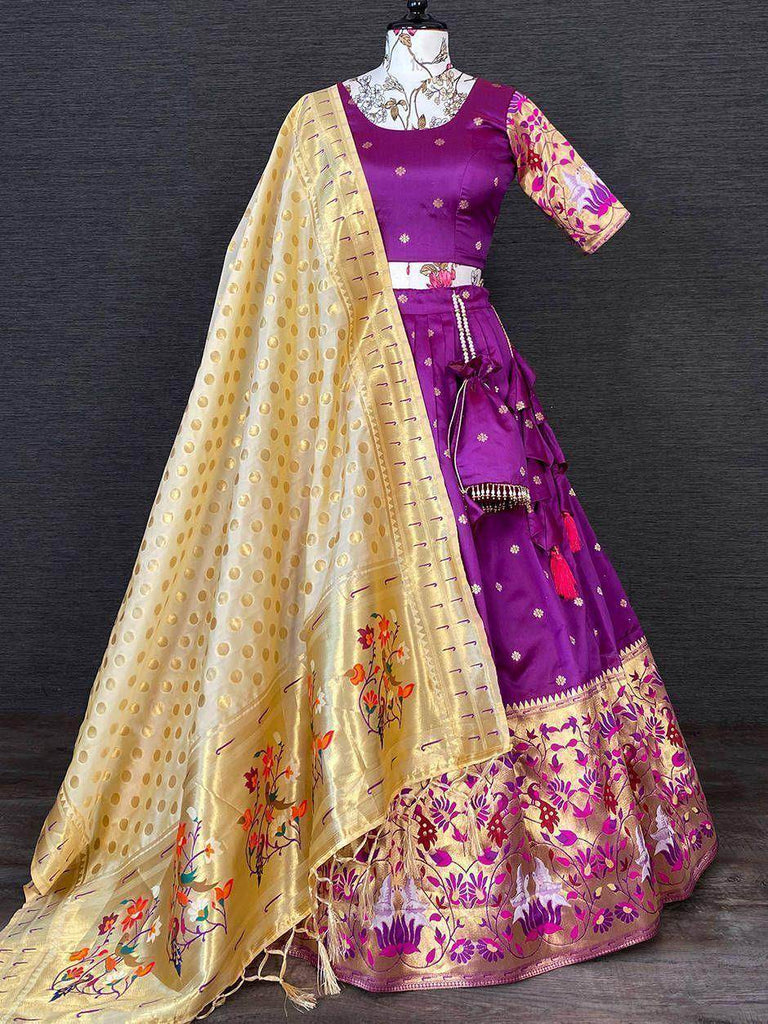 Magnificent Purple Weaving Work Jacquard Half Saree Lehenga Choli