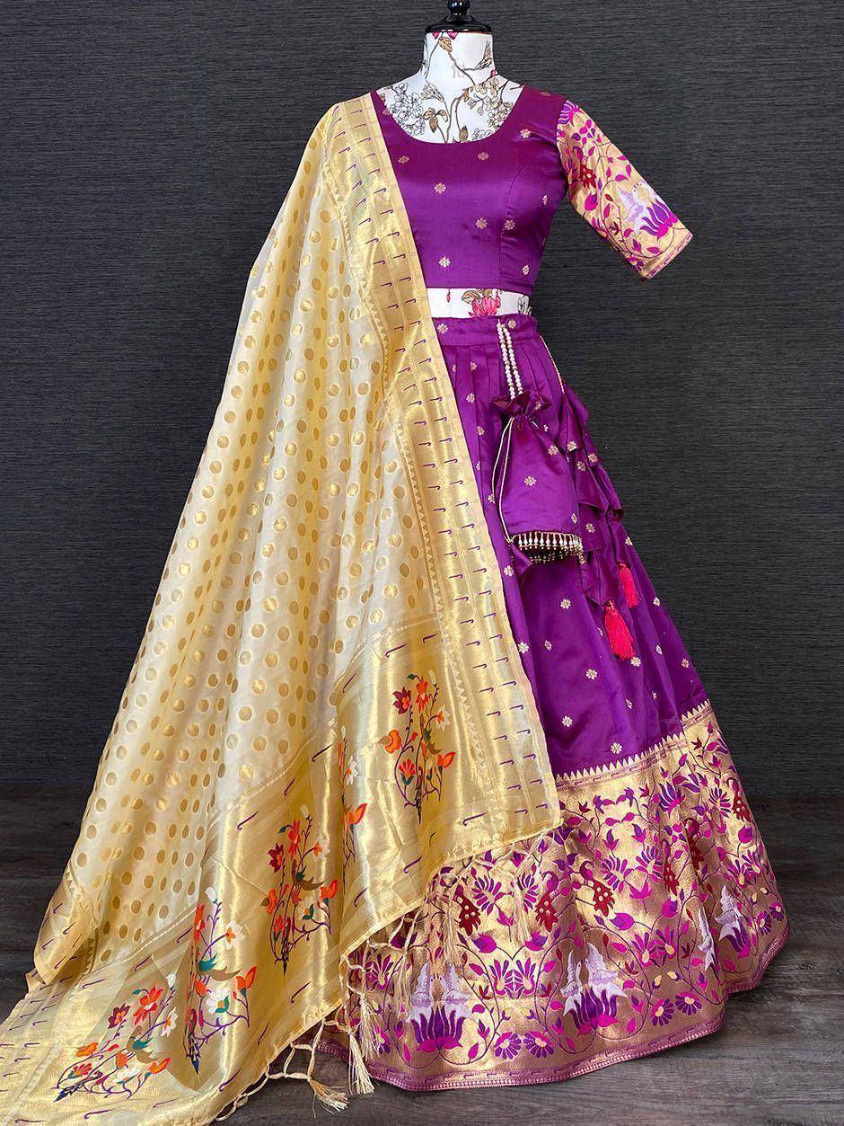 Purple designer lehenga choli with gold embroidered dupatta, ethnic Indian wear for weddings and festivals