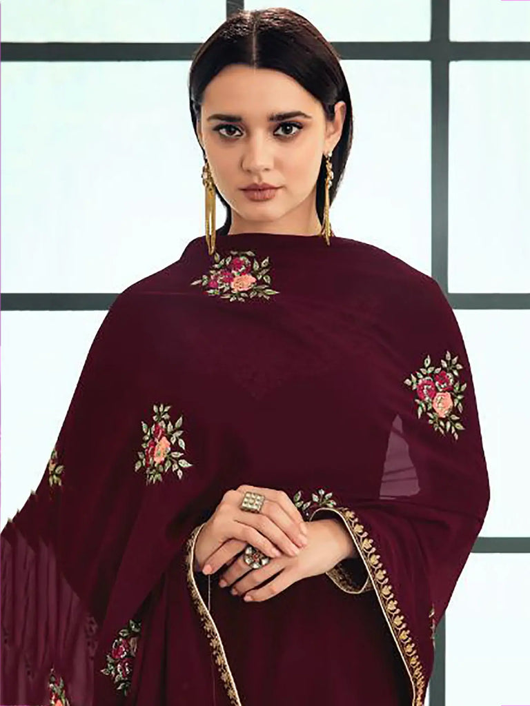 Delicate Maroon Georgette Embroidered Palazzo Suit With Dupatta