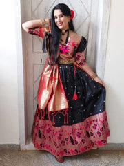 Gleaming Black Paithani Zari Weaving Onam Festival Half Saree Lehenga