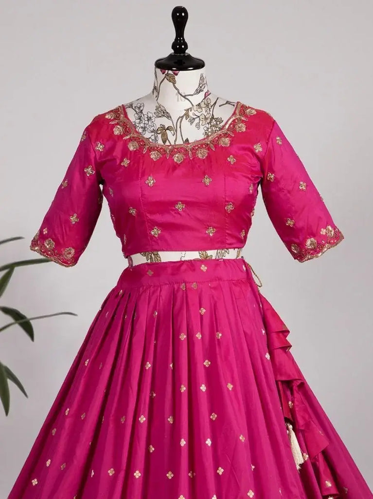 Charming Dark Pink Zari Weaving Jacquard Silk Half Saree Lehenga