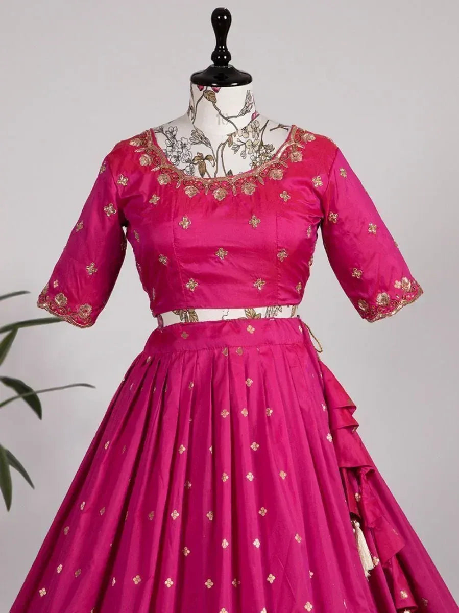 Fuchsia pink lehenga choli with gold floral embroidery, perfect for Indian ethnic wear occasions