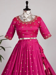 Charming Dark Pink Zari Weaving Jacquard Silk Half Saree Lehenga