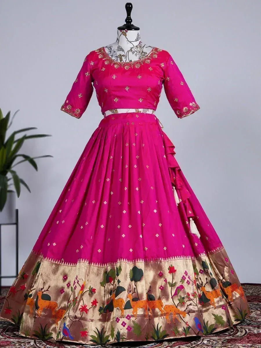 Pink designer lehenga choli with deer and floral print, ethnic wear for women