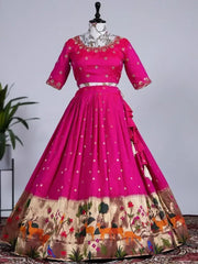 Charming Dark Pink Zari Weaving Jacquard Silk Half Saree Lehenga