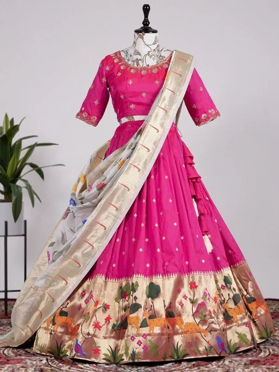 Pink designer lehenga choli with deer print border and floral dupatta, ethnic Indian wear