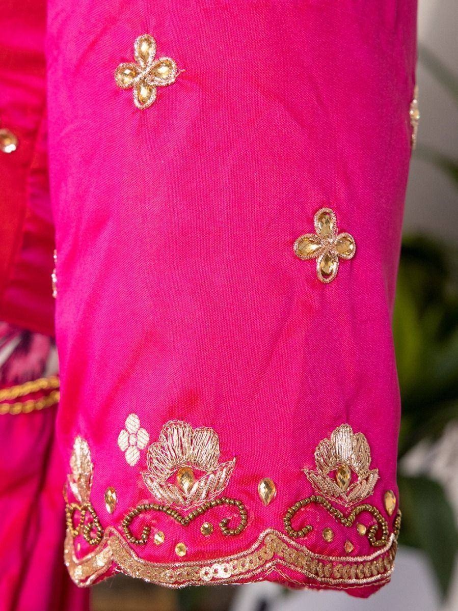 Pink ethnic wear sleeve with gold floral embroidery and sequin detailing, perfect for Indian occasions