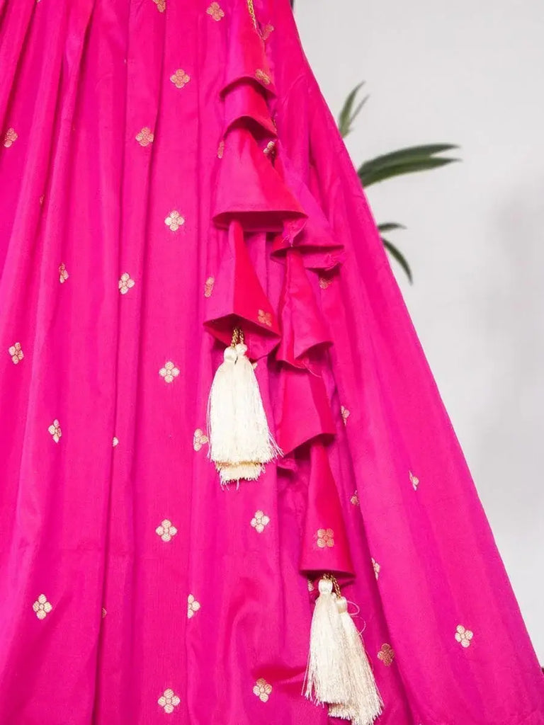 Charming Dark Pink Zari Weaving Jacquard Silk Half Saree Lehenga