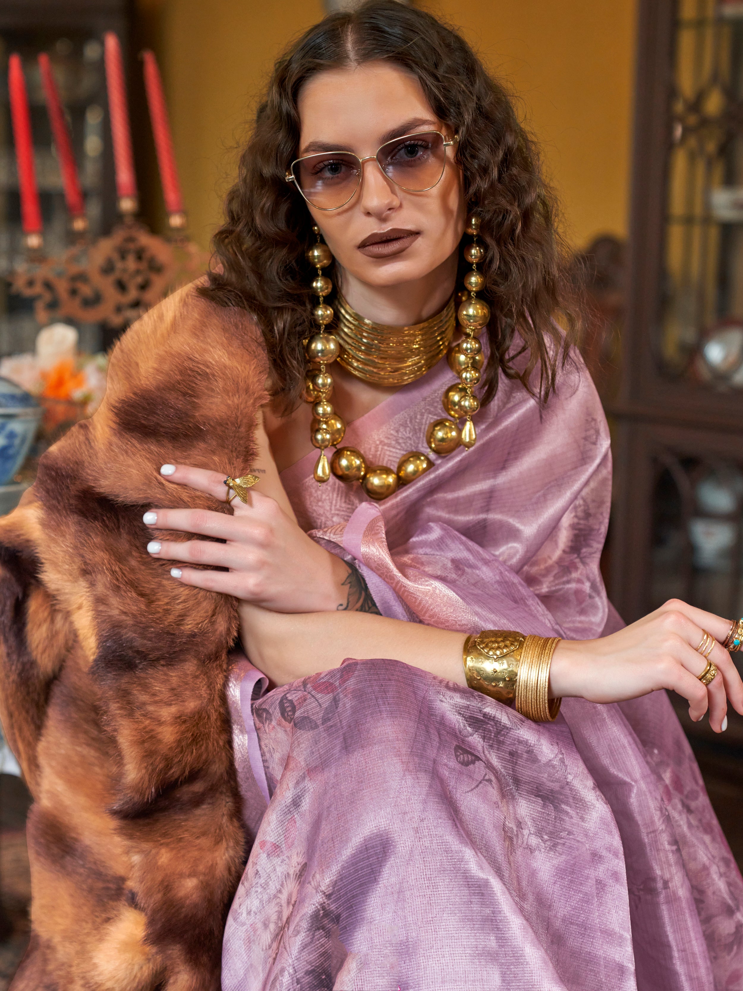 Fantastic Purple Printed Organza Wedding Wear Saree With Blouse