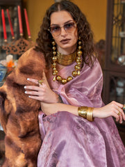 Fantastic Purple Printed Organza Wedding Wear Saree With Blouse