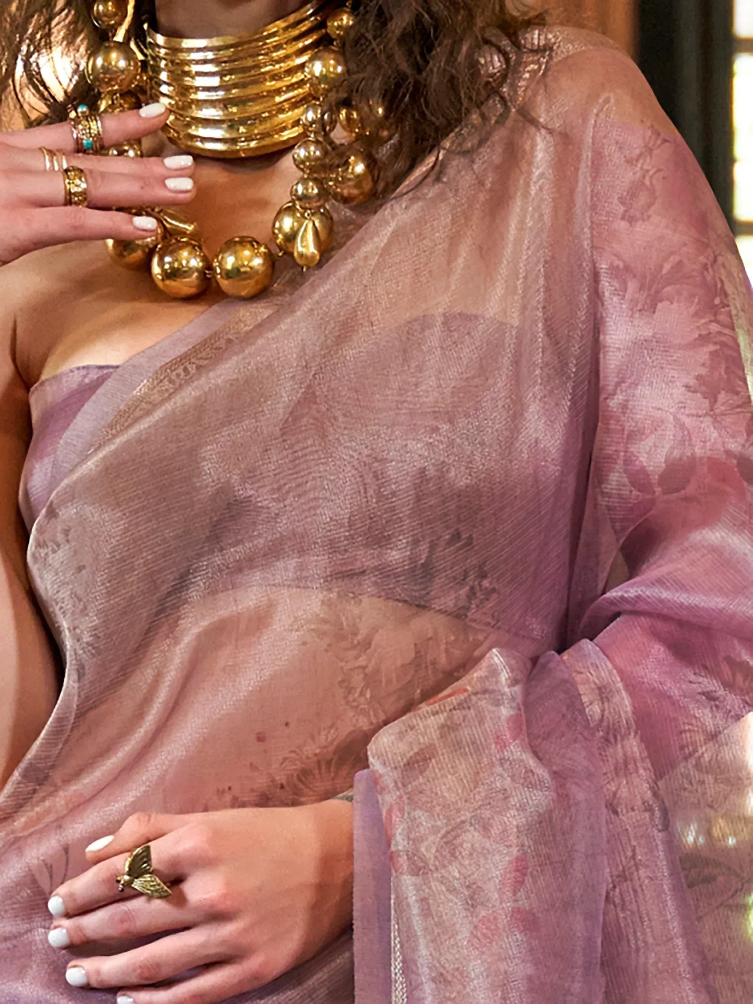 Fantastic Purple Printed Organza Wedding Wear Saree With Blouse
