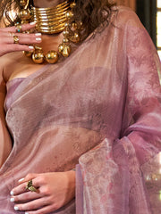 Fantastic Purple Printed Organza Wedding Wear Saree With Blouse