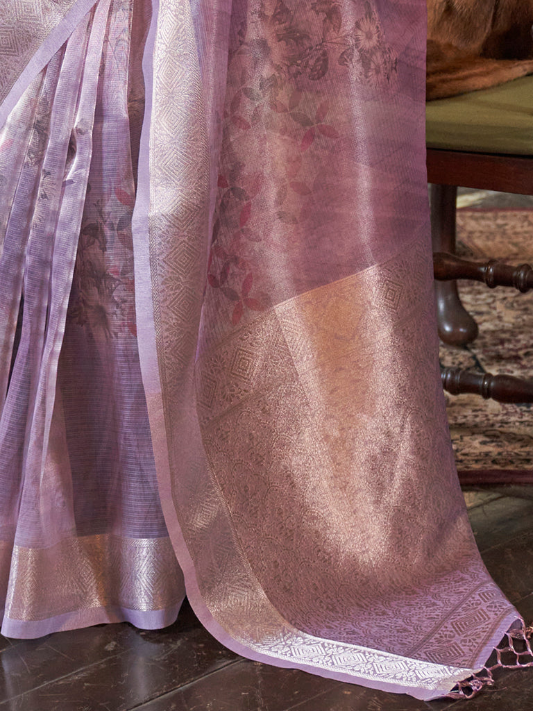 Fantastic Purple Printed Organza Wedding Wear Saree With Blouse