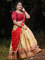 Wonderful Golden Silk Zari Weaving Onam Festival Wear Half Saree Lehenga