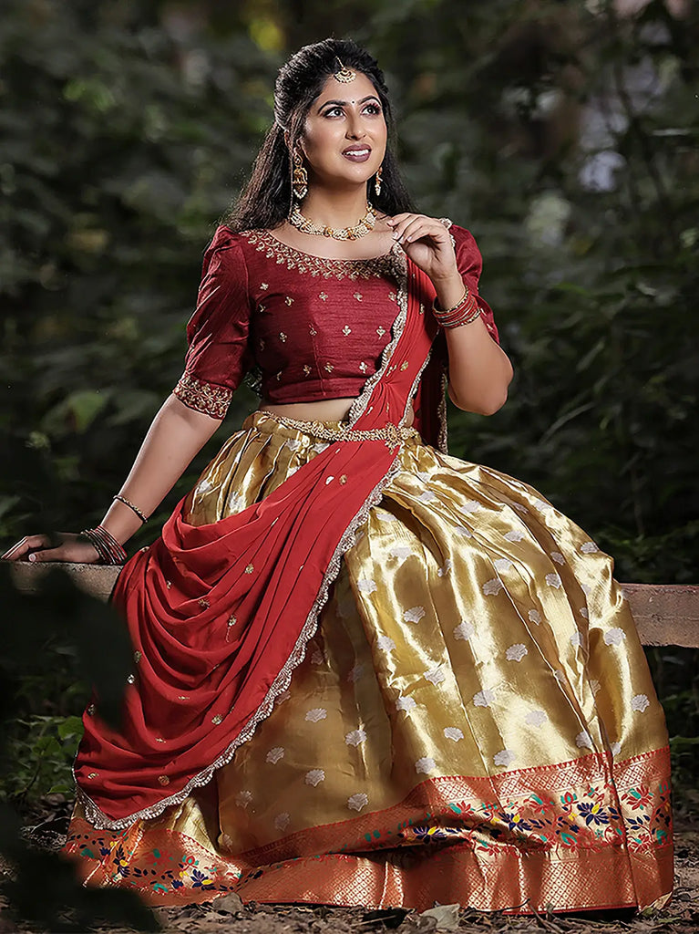 Wonderful Golden Silk Zari Weaving Onam Festival Wear Half Saree Lehenga