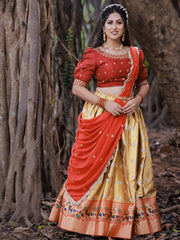 Wonderful Golden Silk Zari Weaving Onam Festival Wear Half Saree Lehenga