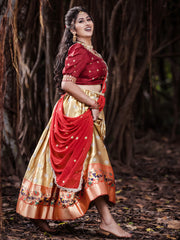 Wonderful Golden Silk Zari Weaving Onam Festival Wear Half Saree Lehenga