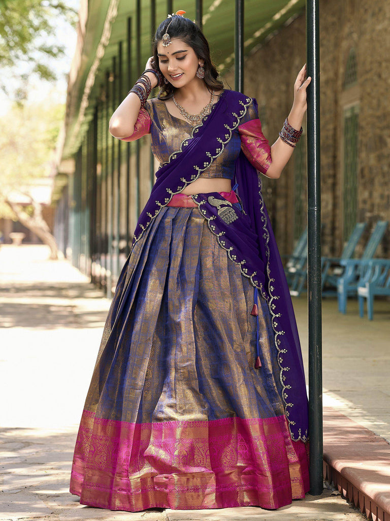 Superb Dusty Blue Zari Weaving Kanchipuram Silk Half Saree Lehenga