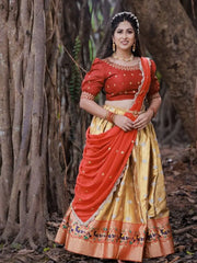 Wonderful Golden Silk Zari Weaving Onam Festival Wear Half Saree Lehenga