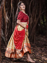 Wonderful Golden Silk Zari Weaving Onam Festival Wear Half Saree Lehenga