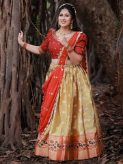 Wonderful Golden Silk Zari Weaving Onam Festival Wear Half Saree Lehenga