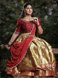 Wonderful Golden Silk Zari Weaving Onam Festival Wear Half Saree Lehenga
