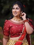 Wonderful Golden Silk Zari Weaving Onam Festival Wear Half Saree Lehenga