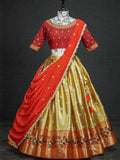 Wonderful Golden Silk Zari Weaving Onam Festival Wear Half Saree Lehenga