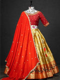 Wonderful Golden Silk Zari Weaving Onam Festival Wear Half Saree Lehenga