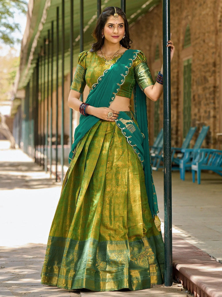 Lovely Green Zari Woven Kanchipuram Silk Traditional Half Saree Lehenga