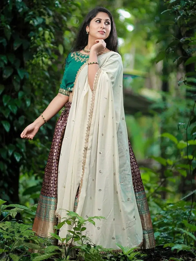 Amazing Wine Silk Zari Weaving Onam Festival Wear Half Saree Lehenga